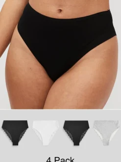 Blanc/Noir/Gris - Lot de 4 culottes en coton et dentelle