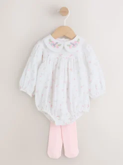 Blanc/rose à petites fleurs - Ensemble de barboteuses Bébé Bloomer 2 pièces avec collants (0mois-3ans)