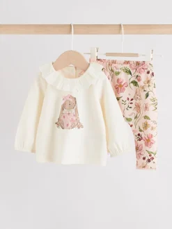 Blanc/Rose/Lapin/Floral - Ensemble haut à manches longues et legging bébé (0mois-2ans)