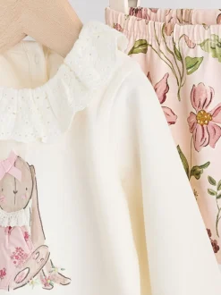 Blanc/Rose/Lapin/Floral - Ensemble haut à manches longues et legging bébé (0mois-2ans)