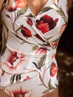 Blanc/Rouge Fleuri - Maillot de bain Wrap Tummy Control