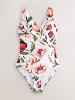 Blanc/Rouge Fleuri - Maillot de bain Wrap Tummy Control