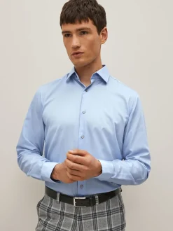 Bleu - Ajustement régulier - Chemise élégante texturée facile d’entretien à poignets simples