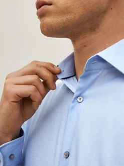 Bleu - Ajustement régulier - Chemise élégante texturée facile d’entretien à poignets simples