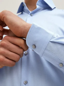 Bleu - Ajustement régulier - Chemise élégante texturée facile d’entretien à poignets simples