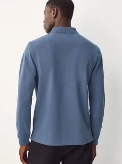 Bleu - Ajustement régulier - Polo à manches longues en piqué