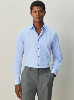 Bleu - Ajustement régulier - Chemise habillée texturée à manches longues avec bordure