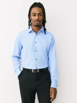 Bleu - Ajustement régulier - Chemise formelle texturée à manches longues 100% coton avec bordure