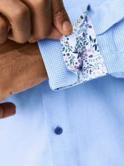 Bleu - Ajustement régulier - Chemise formelle texturée à manches longues 100% coton avec bordure