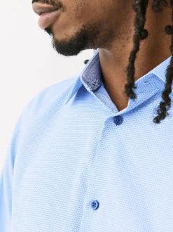 Bleu - Ajustement régulier - Chemise formelle texturée à manches longues 100% coton avec bordure