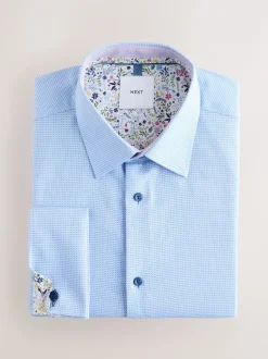 Bleu - Ajustement régulier - Chemise formelle texturée à manches longues 100% coton avec bordure