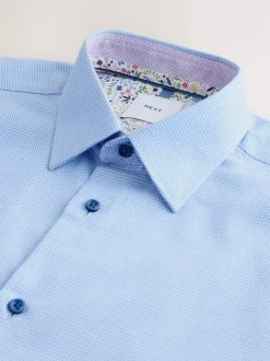 Bleu - Ajustement régulier - Chemise formelle texturée à manches longues 100% coton avec bordure