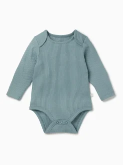 Bleu - Body MORI côtelé extensible à manches longues et encolure