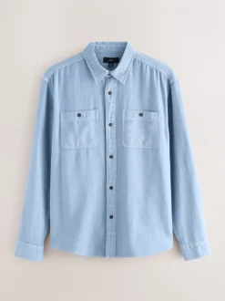 Bleu - Chemise à manches longues texturée à deux poches Coupe classique