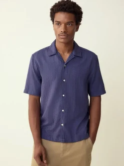 Bleu - Chemise Coupe classique gaufrée texturée à manches courtes