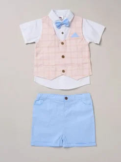 Bleu - Chemise Little Gent 100% coton avec gilet simulé et ensemble nœud papillon