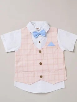 Bleu - Chemise Little Gent 100% coton avec gilet simulé et ensemble nœud papillon
