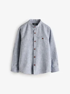 Bleu - Chemise texturée en coton et lin à manches longues et col grand-père (3-16ans)