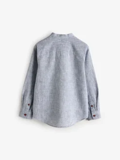 Bleu - Chemise texturée en coton et lin à manches longues et col grand-père (3-16ans)