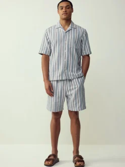 Bleu - Chemise texturée rayée à manches courtes