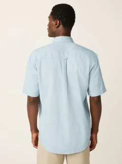 Bleu - Col Classique - Chemise à manches courtes en lin et coton mélangés