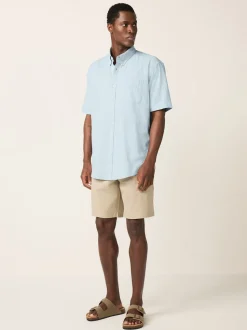 Bleu - Col Classique - Chemise à manches courtes en lin et coton mélangés