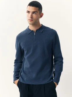 Bleu - Col zippé - Polo N.premium en maille à manches longues haut de gamme à manches longues