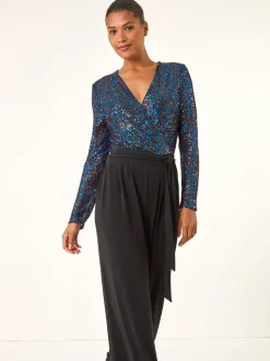 Bleu - Combinaison Roman Sequin Wrap Col en V extensible