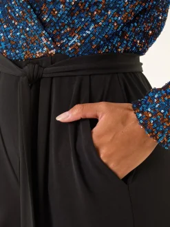 Bleu - Combinaison Roman Sequin Wrap Col en V extensible