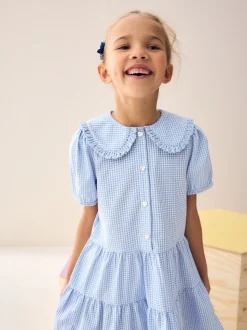Bleu - Cotton Rich School Vichy Tiered Pretty Collar Robe (3-14yrs)