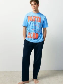 Bleu - Ensemble pyjama graphique en jersey à manches courtes