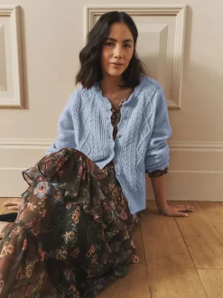 Bleu - Laura Ashley Cardigan boutonné pointelle et festoncles avec une touche de laine