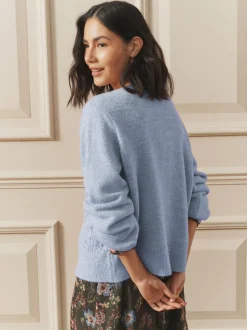 Bleu - Laura Ashley Cardigan boutonné pointelle et festoncles avec une touche de laine