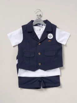 Bleu - Little Gent Ensemble chemise, gilet et short 100% coton