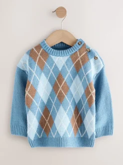 Bleu à losanges - Pull en coton à col rond en maille (3mois -7ans)