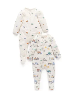 Bleu - Lot de 2 combinaisons zippées imprimées Purebaby