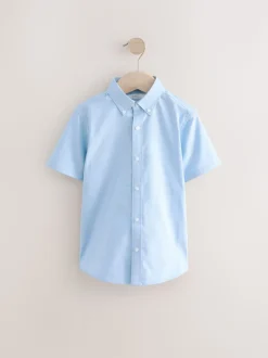 Bleu - Manches courtes Coton riche Oxford Chemise (3-16ans)