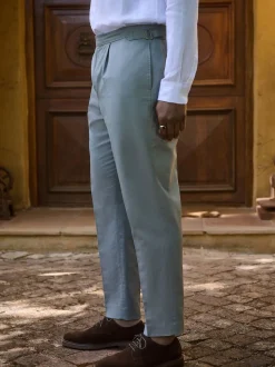 Bleu - Pantalon élégant en mélange de coton avec pattes d'ajustement sur le côté, lin et lyocell