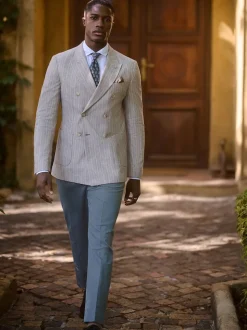 Bleu - Pantalon élégant en mélange de coton avec pattes d'ajustement sur le côté, lin et lyocell