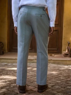 Bleu - Pantalon élégant en mélange de coton avec pattes d'ajustement sur le côté, lin et lyocell