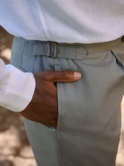 Bleu - Pantalon élégant en mélange de coton avec pattes d'ajustement sur le côté, lin et lyocell