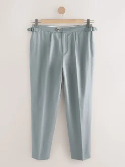 Bleu - Pantalon élégant en mélange de coton avec pattes d'ajustement sur le côté, lin et lyocell