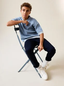 Bleu - Polo en maille à col boutonné (3-16ans)