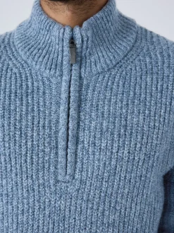 Bleu - Pull Coupe classique texturé en maille à col zippé avec laine