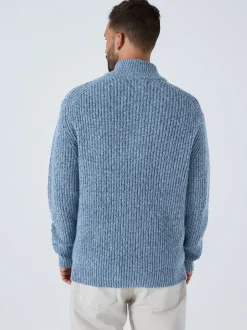 Bleu - Pull Coupe classique texturé en maille à col zippé avec laine
