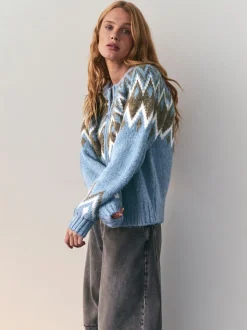 Bleu - Pulls zippé en maille à carreaux Two Ordinary avec Motif Fair Isle