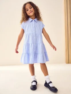Bleu - Robe chemise à col chemise à volants vichy Cotton Rich School (3-14ans)