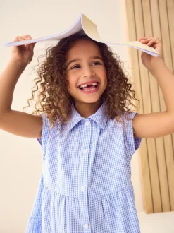 Bleu - Robe chemise à col chemise à volants vichy Cotton Rich School (3-14ans)