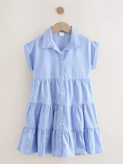 Bleu - Robe chemise à col chemise à volants vichy Cotton Rich School (3-14ans)