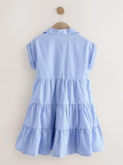 Bleu - Robe chemise à col chemise à volants vichy Cotton Rich School (3-14ans)